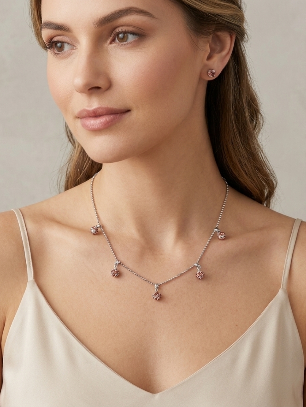 Silver Floating Charm Necklace – Pink Beaded Detail